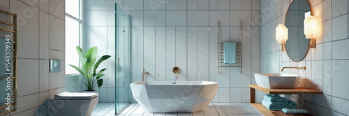 Low poly vector bathroom with bathtub sink mirror and clean modern decor