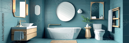 Low poly vector bathroom with bathtub sink mirror and clean modern decor