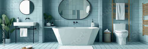 Low poly vector bathroom with bathtub sink mirror and clean modern decor