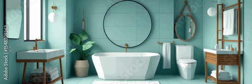 Low poly vector bathroom with bathtub sink mirror and clean modern decor