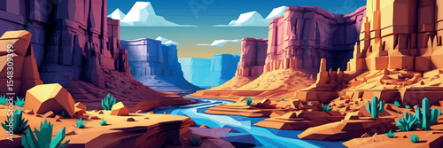 Low poly vector canyon with layered cliffs river and rocks in deep desert colors