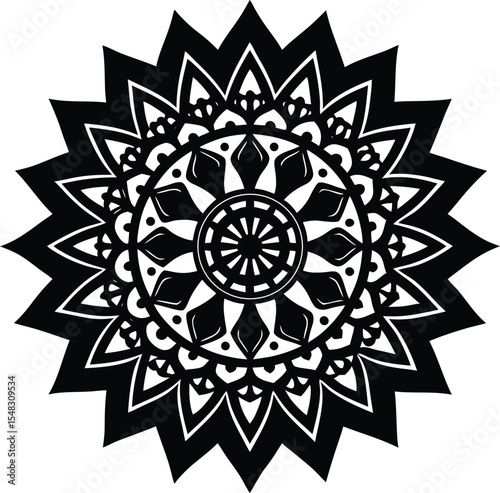Floral mandala design with intricate petal patterns and central symmetry silhouette vector