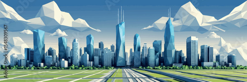 Low poly vector city skyline with geometric skyscrapers streets and clouds