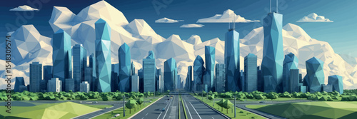 Low poly vector city skyline with geometric skyscrapers streets and clouds