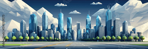Low poly vector city skyline with geometric skyscrapers streets and clouds