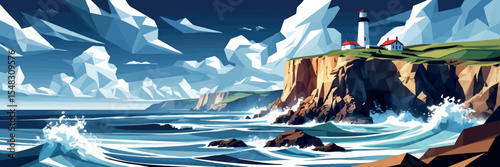 Low poly vector cliff landscape with lighthouse crashing waves and clouds