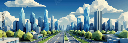 Low poly vector city skyline with geometric skyscrapers streets and clouds