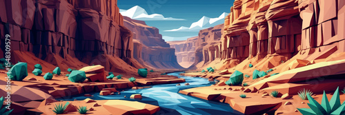 Low poly vector canyon with layered cliffs river and rocks in deep desert colors