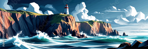 Low poly vector cliff landscape with lighthouse crashing waves and clouds