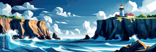Low poly vector cliff landscape with lighthouse crashing waves and clouds