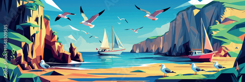 Low poly vector coastal scene with sailboats cliffs and seagulls in bright palette