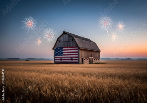 Rural barn painted with an American flag, standing in a golden wheat field with fireworks illuminating the twilight sky, celebrating patriotic holidays like the Fourth of July