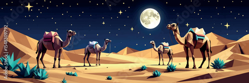 Low poly vector desert night with stars camels and moonlit sand in minimalist style