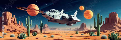 Low poly vector desert planet with crashed spaceship alien cacti and twin suns
