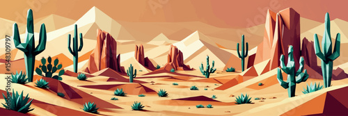 Low poly vector desert scene with sand dunes cactus and angular rock formations warm colors vector-friendly