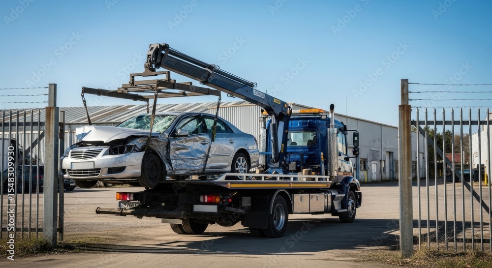 A tow truck carrying a heavily damaged sedan after a serious car crash. Roadside assistance transport vehicle for accident recovery. A tow truck carrying a heavily damaged sedan after a serious car crash. Roadside assistance transport vehicle for accident recovery.