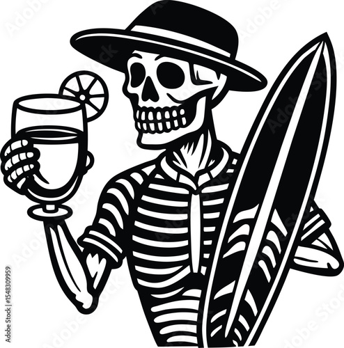 Skeleton wearing cap holding cocktail and surfboard in beach fun scene silhouette vector