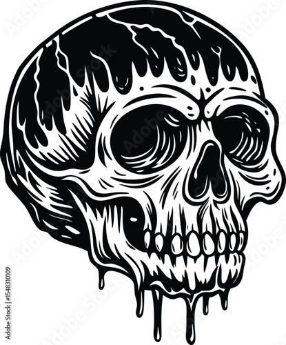 Melting skull illustration with dripping detail and horror style theme silhouette vector
