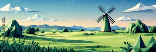 Low poly vector flatland prairie with polygonal grass bushes and windmill