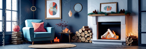 Low poly vector fireplace corner with armchair firewood and framed winter wall art