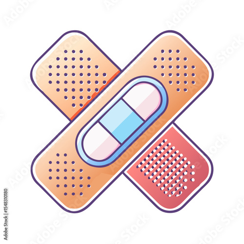 Two crossed adhesive bandages illustrated with central pad over white background