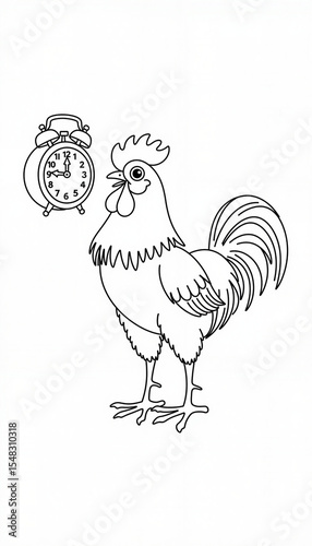 Playful rooster beside a chiming clock, whimsical illustration