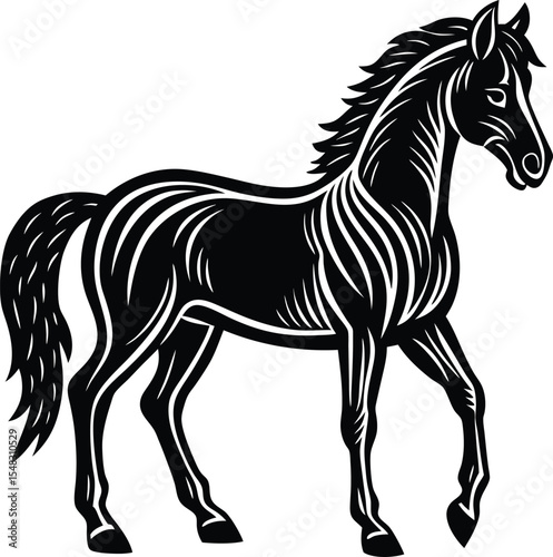Stylized horse drawing in elegant black and white motion and strength form silhouette vector