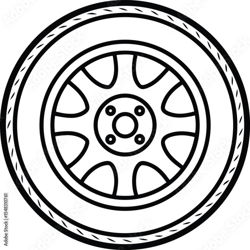 Tire with rim icon showing wheel structure and automotive detail silhouette vector