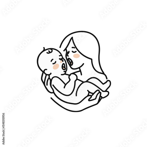 A tender moment between mother and baby, a line art.