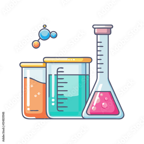 Laboratory glassware illustration with molecule and colorful liquids for chemical experiments
