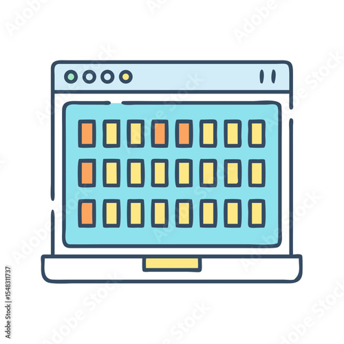 Stylized laptop graphic displaying a grid like data table structure