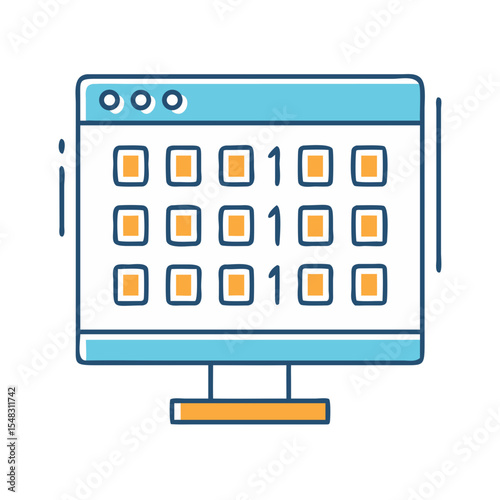 Illustration of a computer screen displaying binary code and data entries