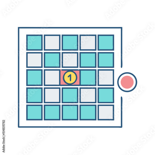 Bingo card example with number one selected and button beside the card