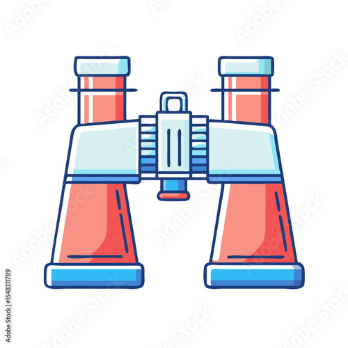Illustration of binoculars in coral and blue tones on a white background