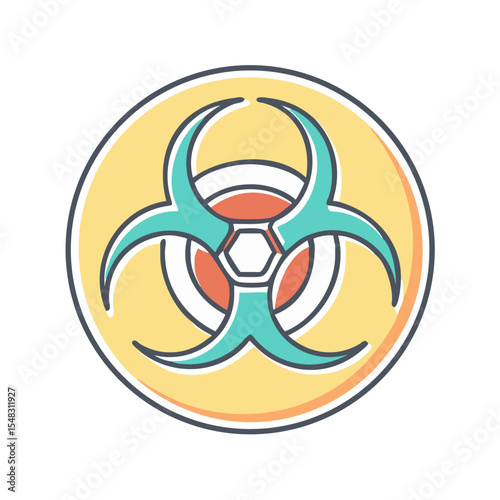 Stylized biological hazard symbol with yellow circle and teal trefoil shape