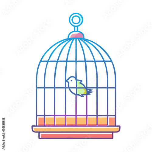 Stylized illustration of a caged bird with colorful gradient and outline
