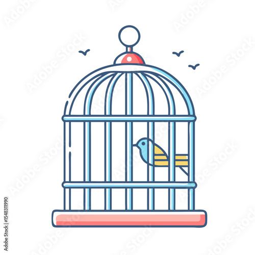 Simple graphic illustration of a bird in a cage with freedom overhead