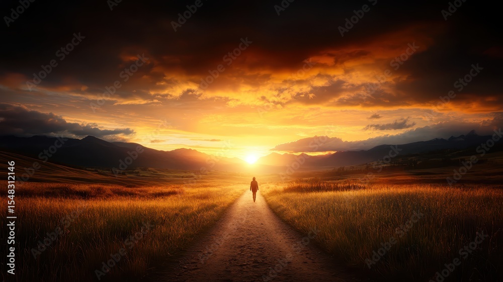 Obraz premium A mesmerizing pathway leads towards a breathtaking sunset over a majestic landscape, encapsulating the beauty of nature and the promise of new beginnings.