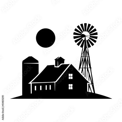 Black vector illustration of a classic farm scene with a barn, silo, and windmill in minimal style.

