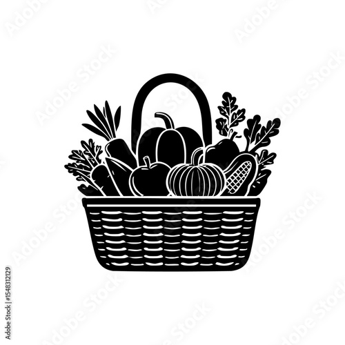 Autumn-themed black vector icon of a harvest basket filled with fruits and vegetables.

