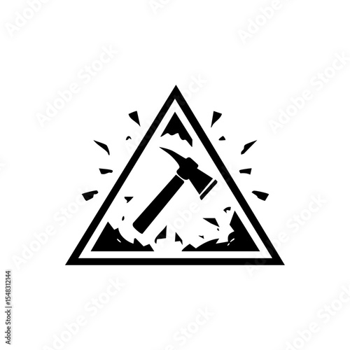 Warning triangle icon with pickaxe and blasting effect.

