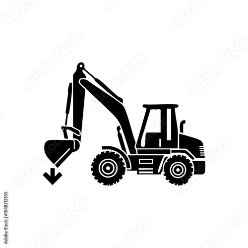 Black silhouette illustration of a hydraulic excavator with detailed wheels and bucket in action.

