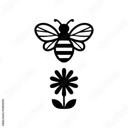 Minimalist vector logo of a bee hovering above a daisy flower.

