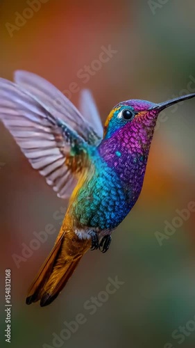 A magnificent hummingbird displays its stunning iridescent plumage in mid-flight.