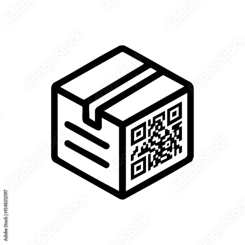 Black vector icon of a shipping box featuring a QR code label, ideal for modern logistics and packaging.

 photo