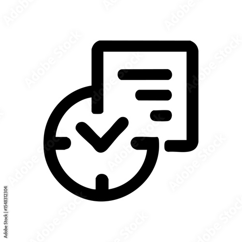 Minimalist black icon of a clock with a document overlay representing time tracking or scheduling.

