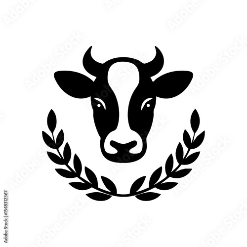 Vintage-style cow head logo surrounded by laurel leaves for farm branding.

