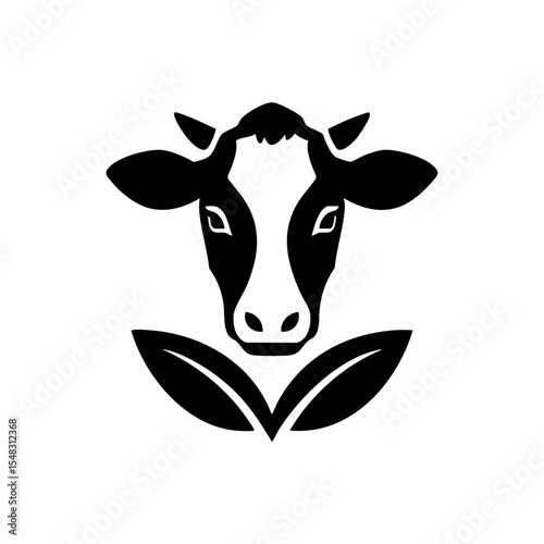 Minimalist black cow head icon framed with leaves for eco dairy branding.

