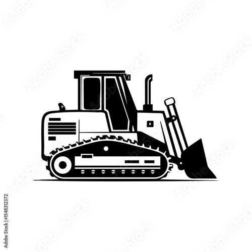 Black vector illustration of a crawler dozer in side view for industrial use.

