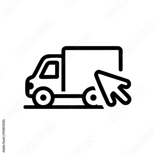 Vector logo of a delivery truck with an online shopping cursor icon.

